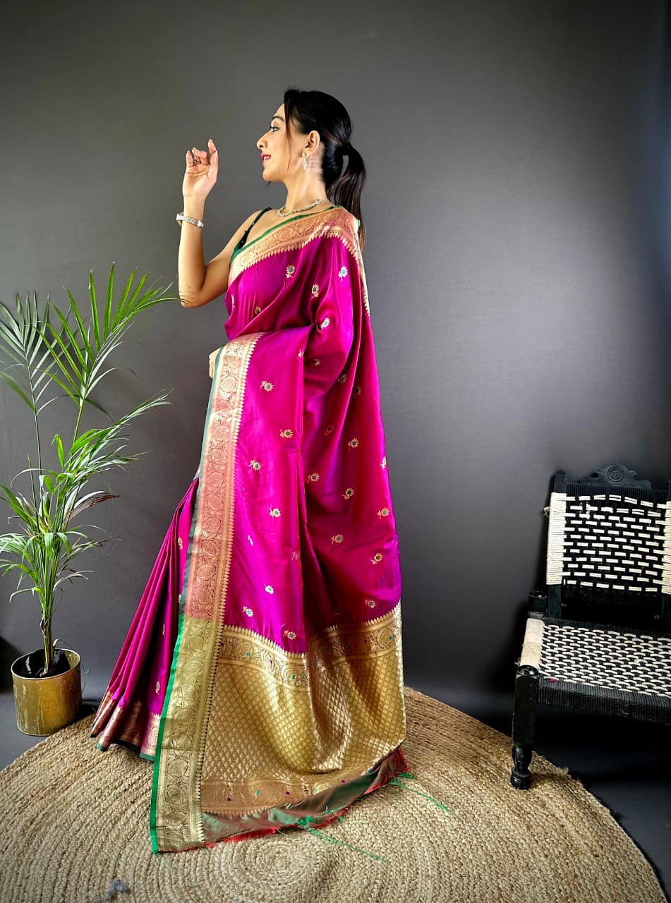 Magenta Banarasi Silk Zari Weaved Boota All Over Rich Meenakri Pallu Border Saree