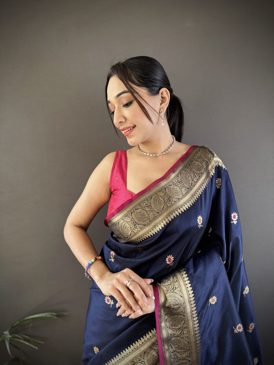 Navy Blue Banarasi Silk Zari Weaved Boota All Over Rich Meenakri Pallu Border Saree