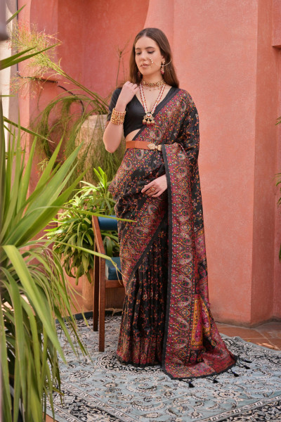 Image of Black Pure Pashmina Silk Softy Kashmiri Style Rich Meenakari Weaved Saree