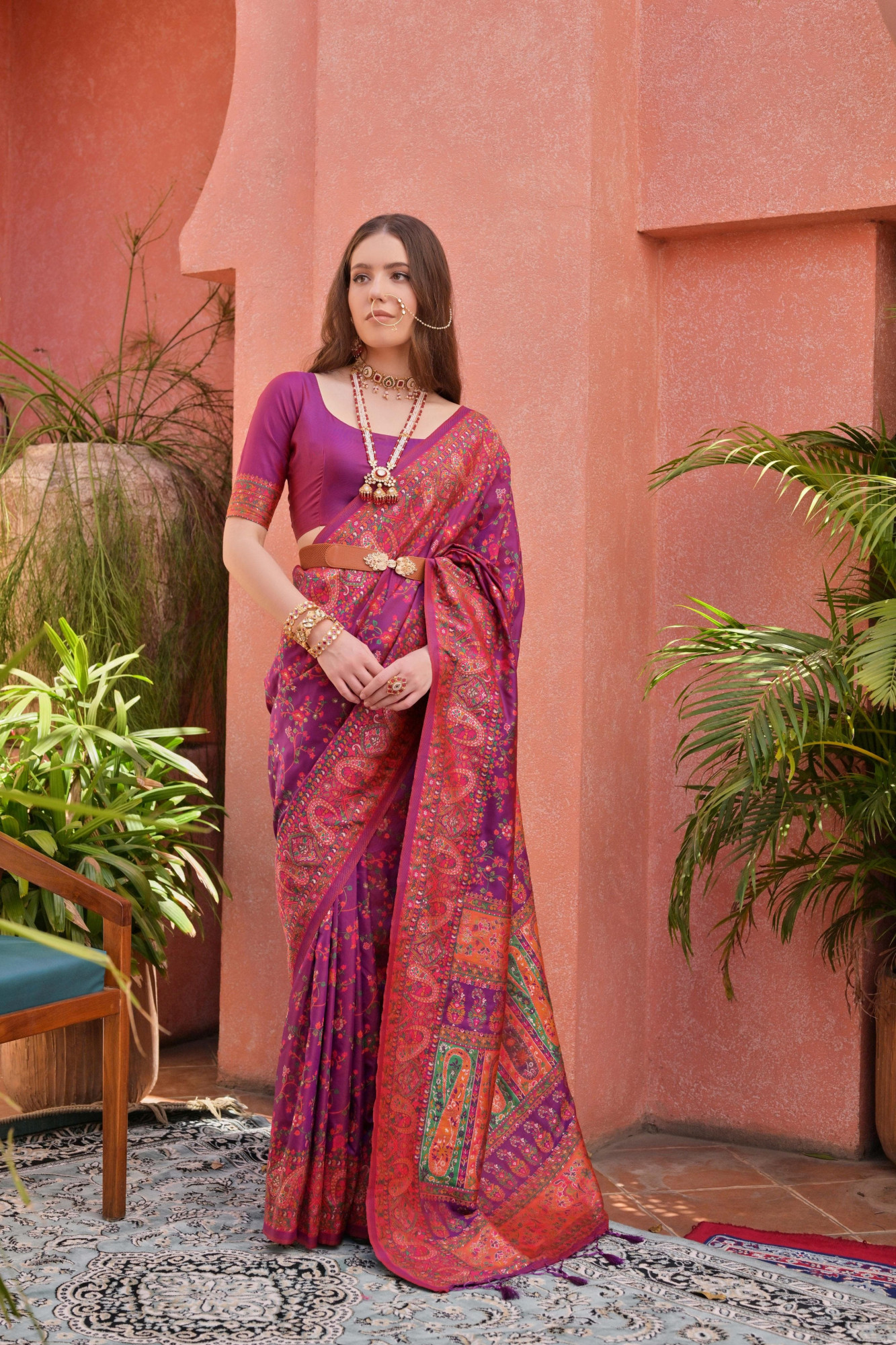 Purple Pure Pashmina Silk Softy Kashmiri Style Rich Meenakari Weaved Saree