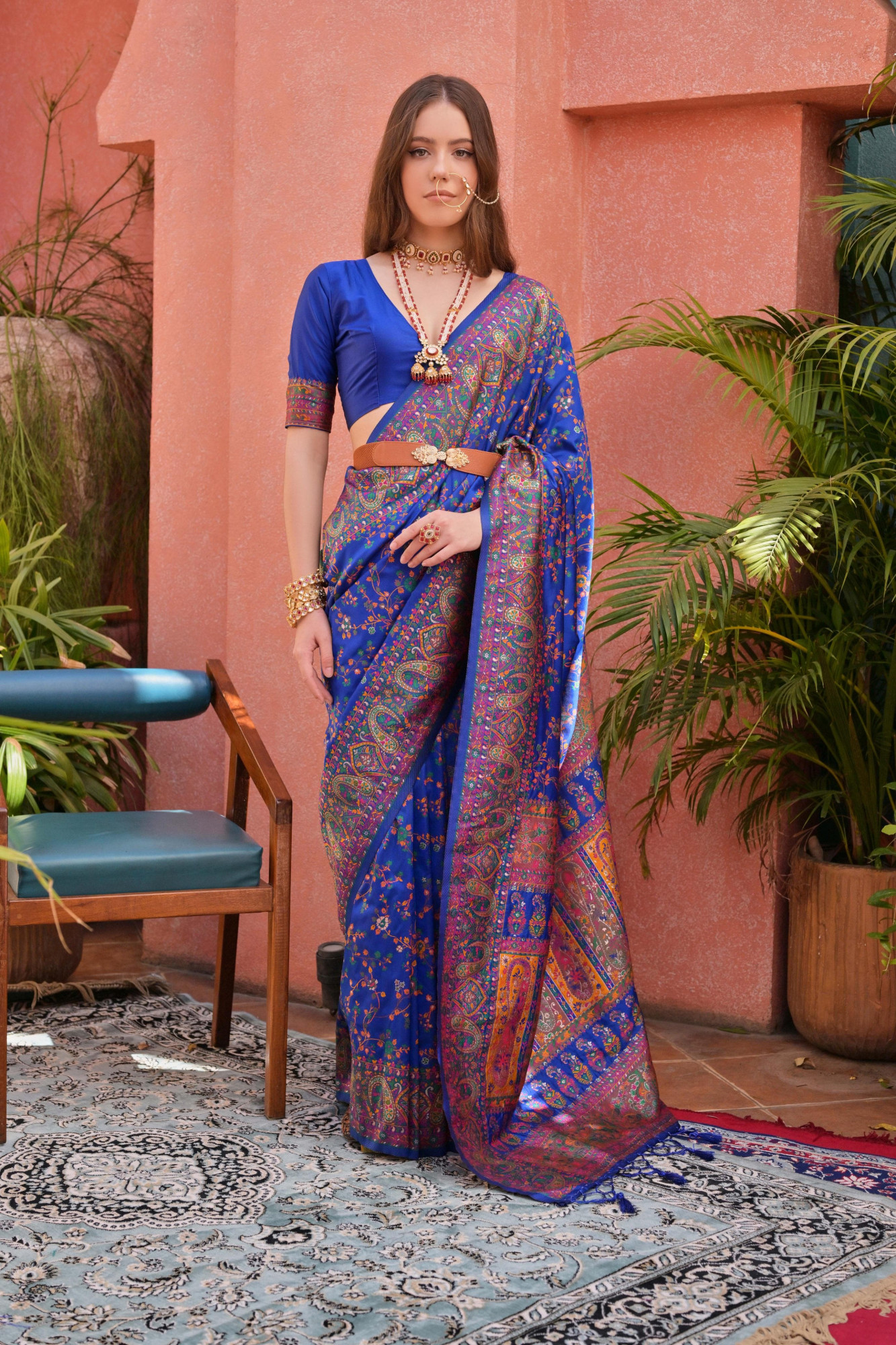 Royal Blue Pure Pashmina Silk Softy Kashmiri Style Rich Meenakari Weaved Saree
