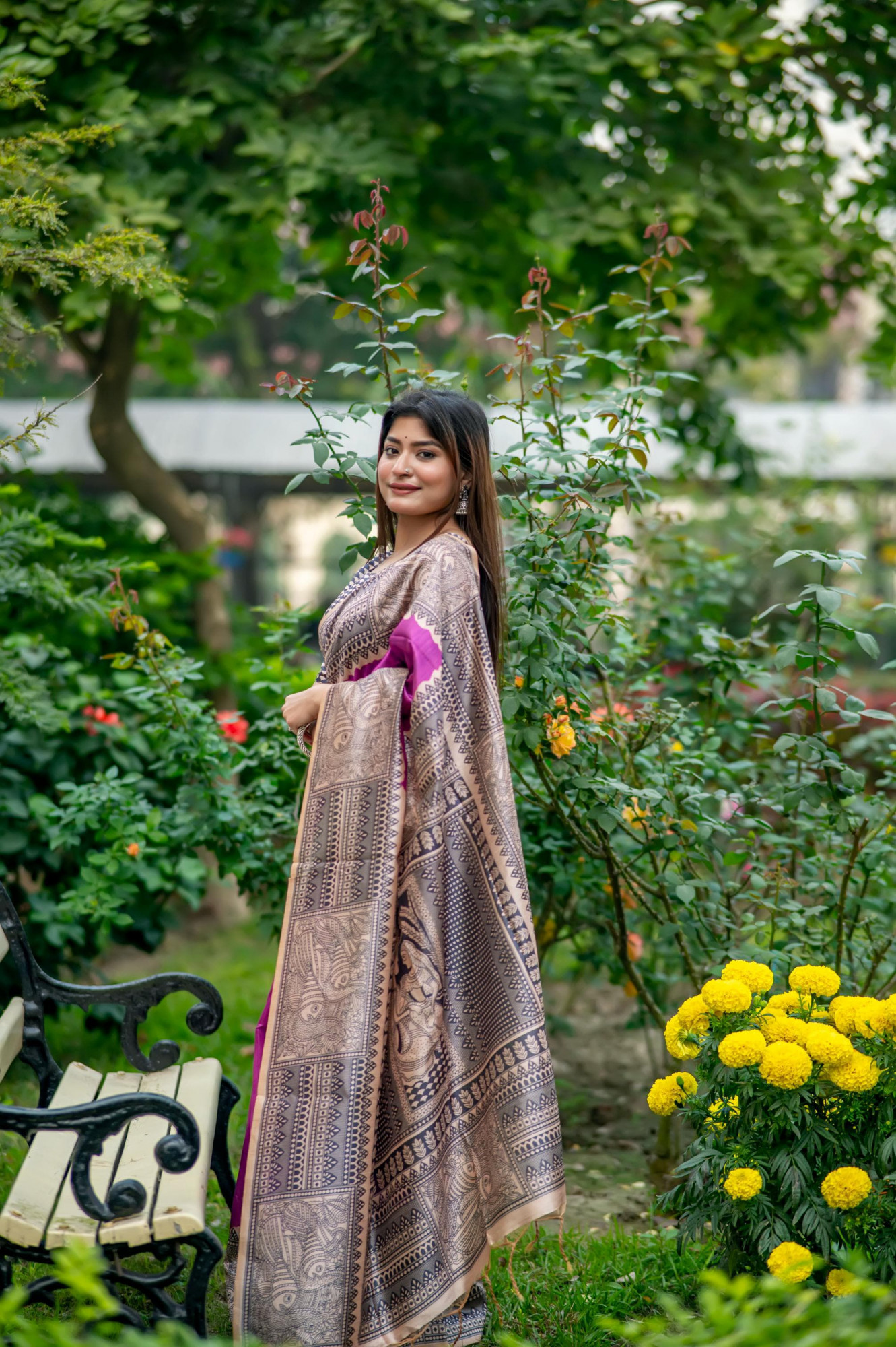 Purple Soft Tussar Silk Madhubani Print Tassels On Pallu Saree