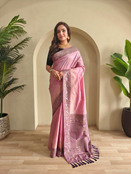 Image of Pink Dual Tone Banarasi Silk All Over Zari Weaved Border Saree