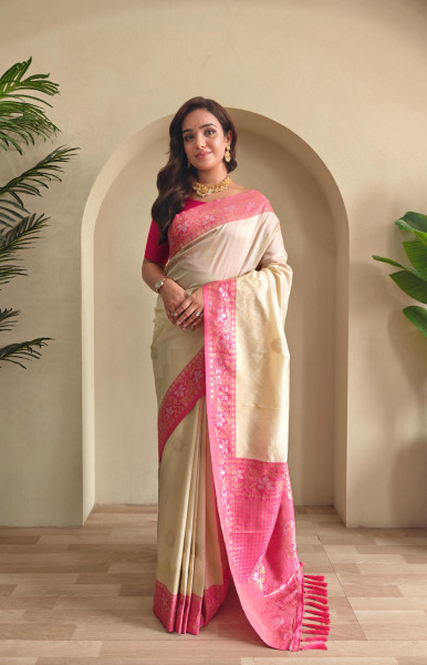 Image of Off-White Dual Tone Banarasi Silk Rich All Over Zari Weaved Designer Border Saree