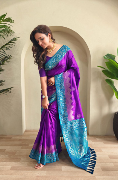 Image of Dark Purple Dual Tone Banarasi Silk Rich All Over Zari Weaved Designer Border Saree