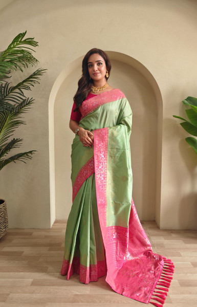 Image of Pistachio Dual Tone Banarasi Silk Rich All Over Zari Weaved Designer Border Saree