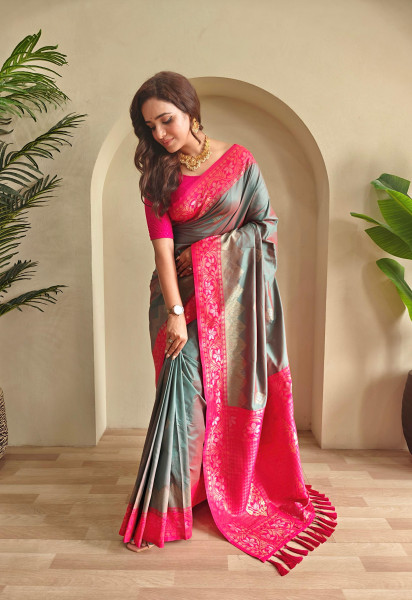 Image of Gray Dual Tone Banarasi Silk Rich All Over Zari Weaved Designer Border Saree