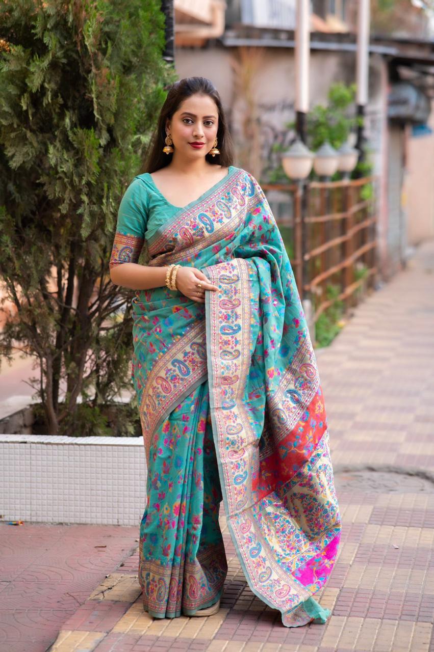 C-Green Kashmiri Pashmina Silk Multicolor Thread Weaved All Over Saree