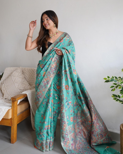 Image of C-Green Kashmiri Pashmina Silk Multicolor Thread Zari Weaved All Over Saree