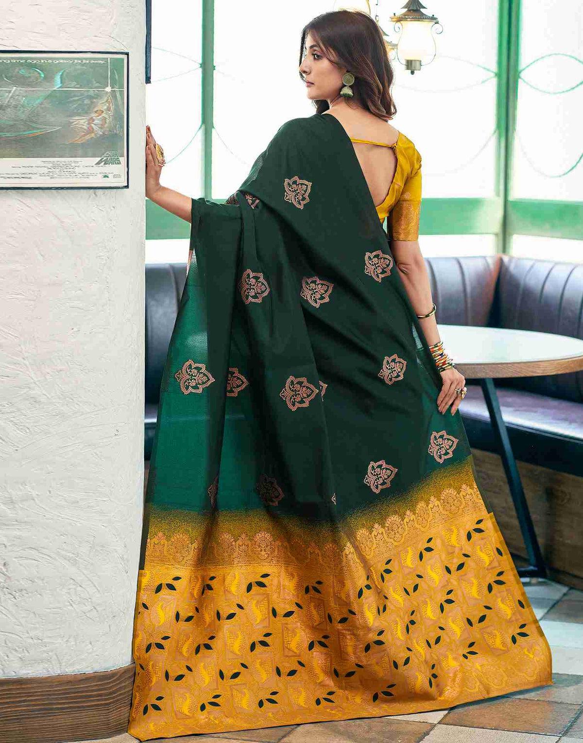 Bottle Green Banarasi Silk Zari Boota Body With Rich Zari Pallu Borderless Saree