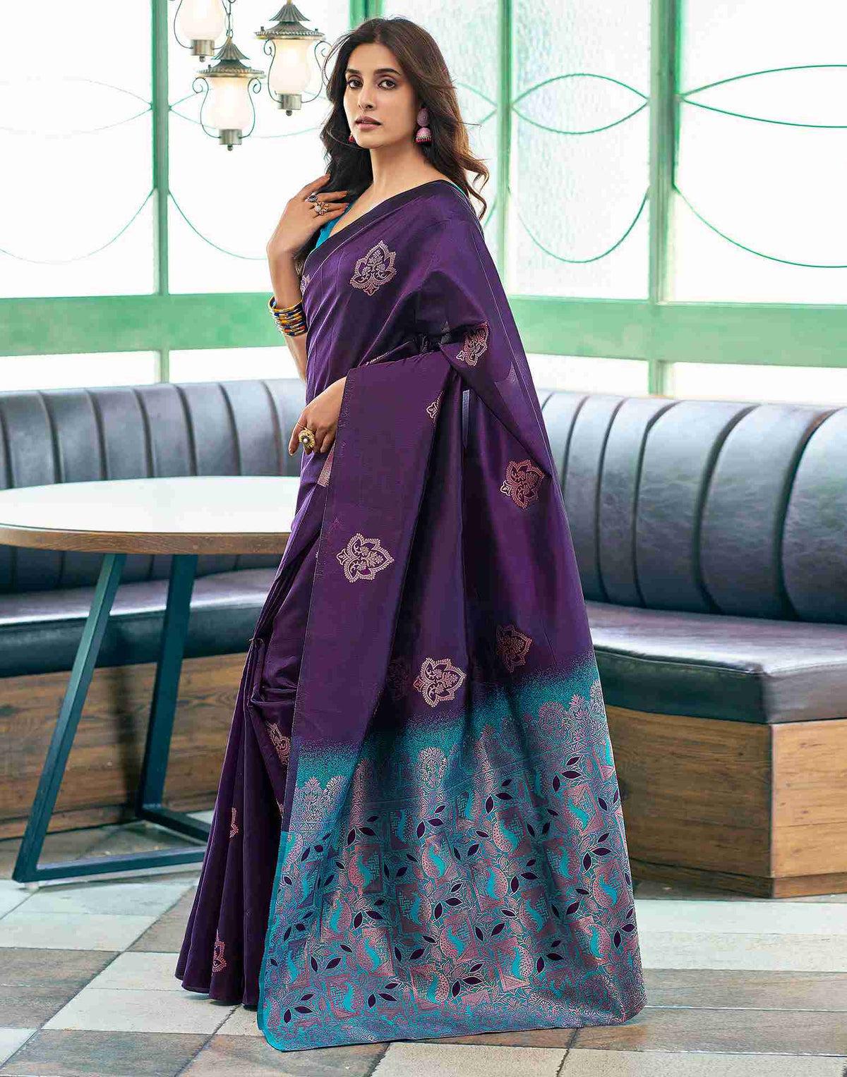 Dark Purple Banarasi Silk Zari Weaved Rich Pallu Borderless Saree