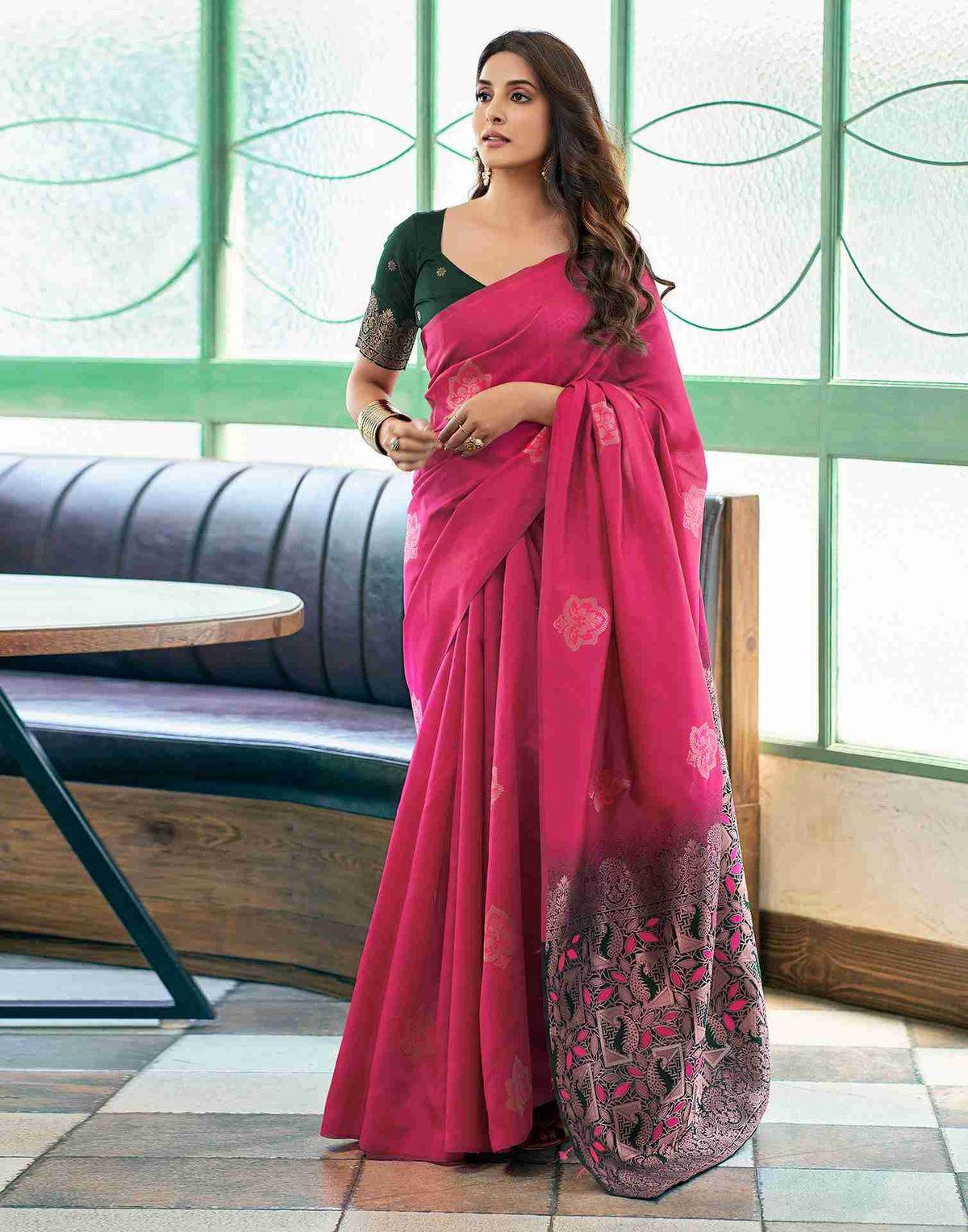 Magenta Banarasi Silk Zari Boota Body With Rich Zari Pallu Borderless Saree