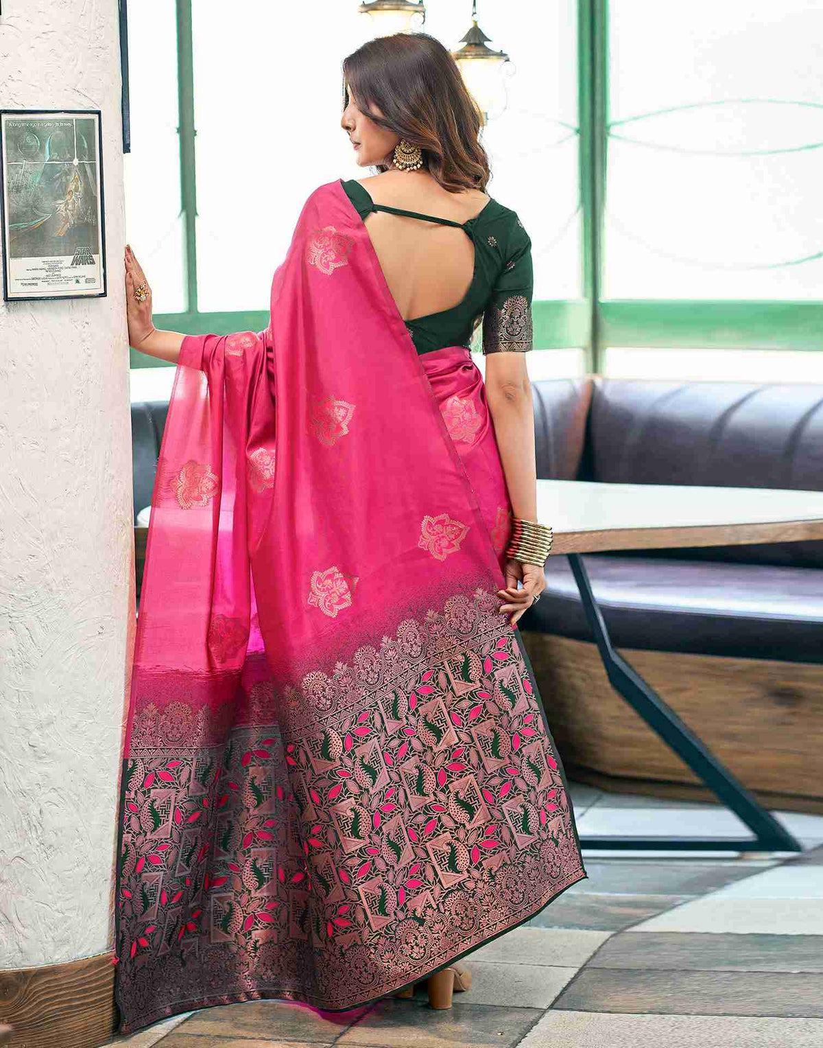 Magenta Banarasi Silk Zari Boota Body With Rich Zari Pallu Borderless Saree