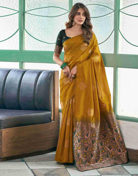 Image of Mustard Banarasi Silk Zari Boota Body With Rich Zari Pallu Borderless Saree