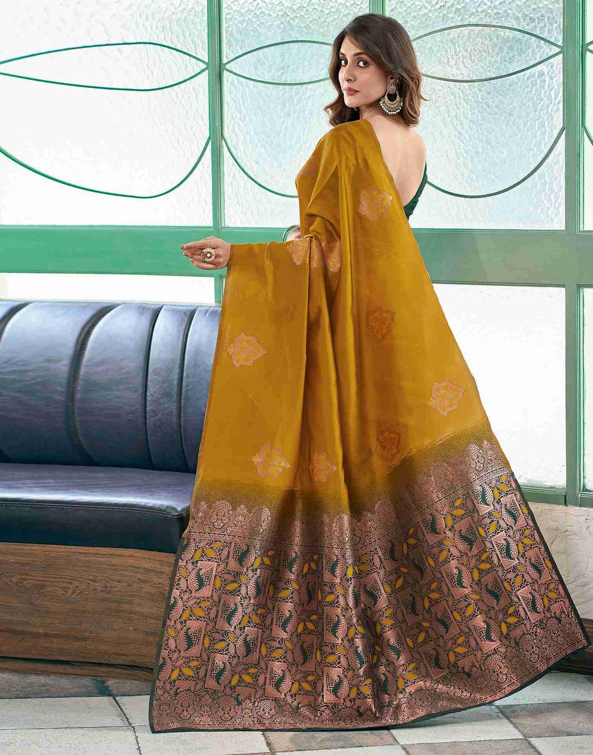 Mustard Banarasi Silk Zari Boota Body With Rich Zari Pallu Borderless Saree