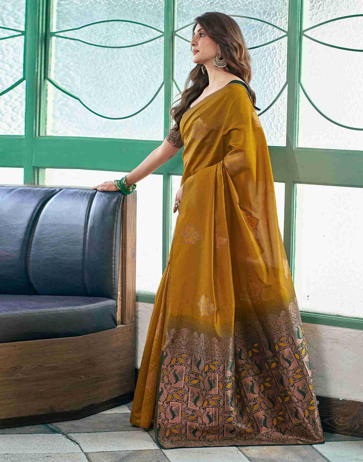 Mustard Banarasi Silk Zari Boota Body With Rich Zari Pallu Borderless Saree