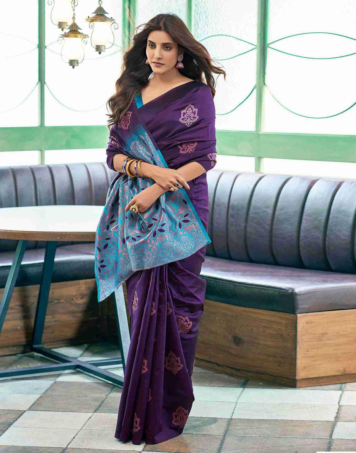 Dark Purple Banarasi Silk Zari Weaved Rich Pallu Borderless Saree