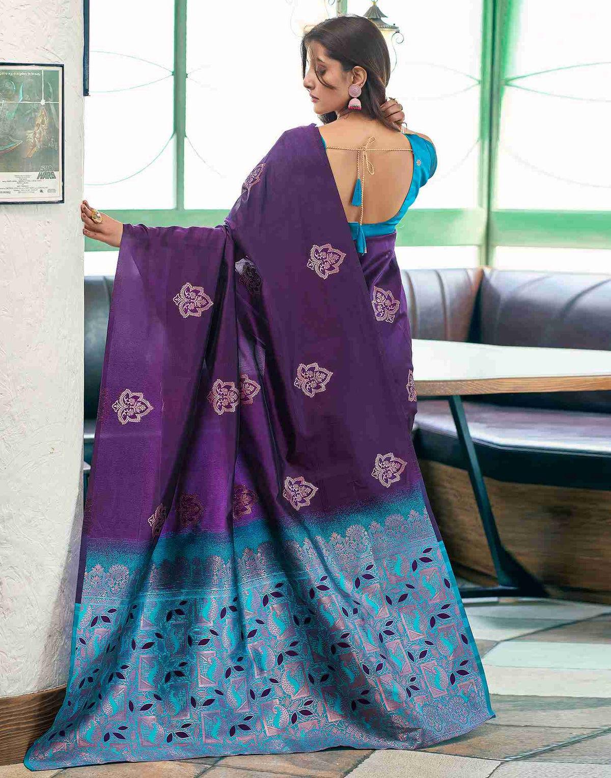 Dark Purple Banarasi Silk Zari Weaved Rich Pallu Borderless Saree