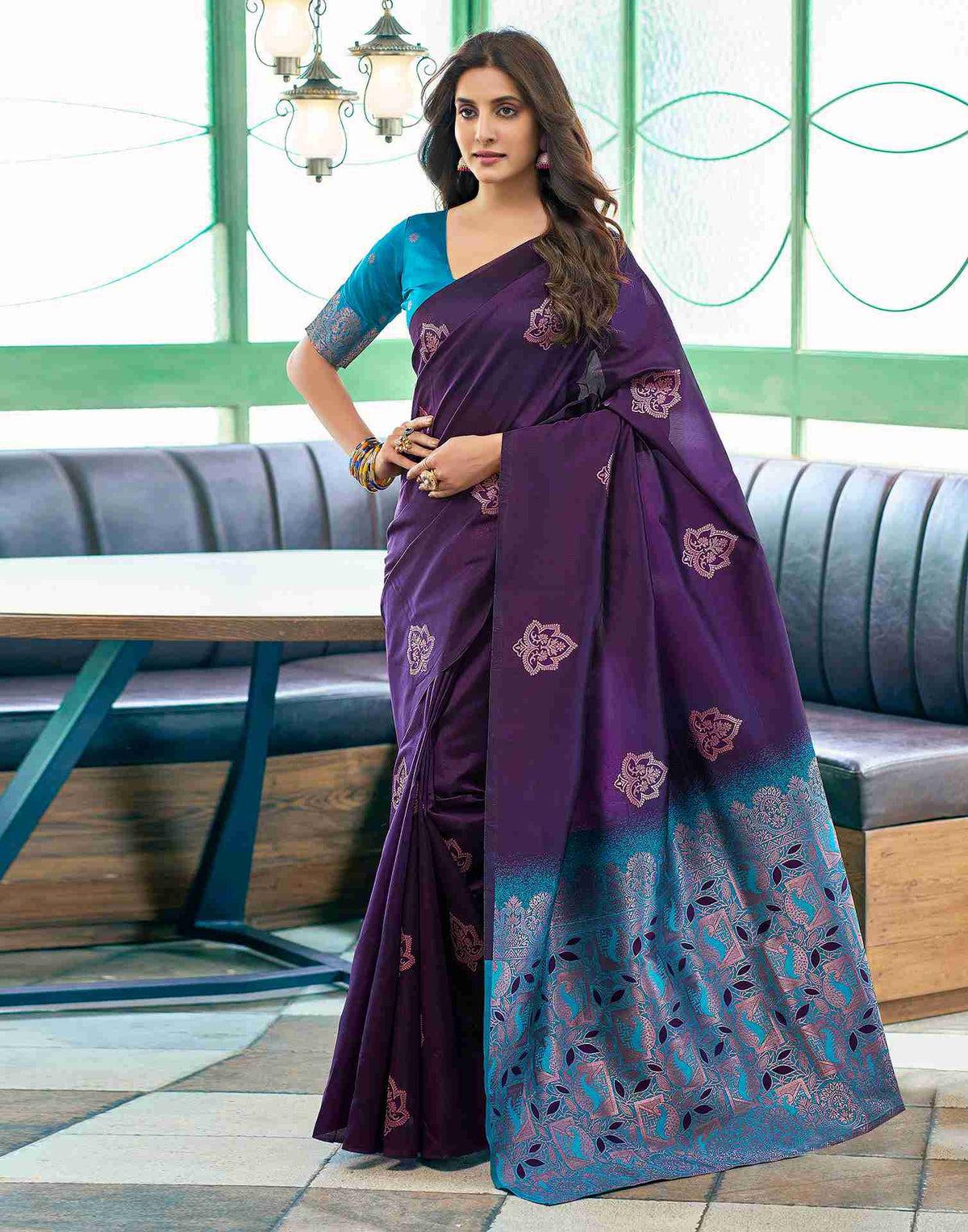 Dark Purple Banarasi Silk Zari Weaved Rich Pallu Borderless Saree