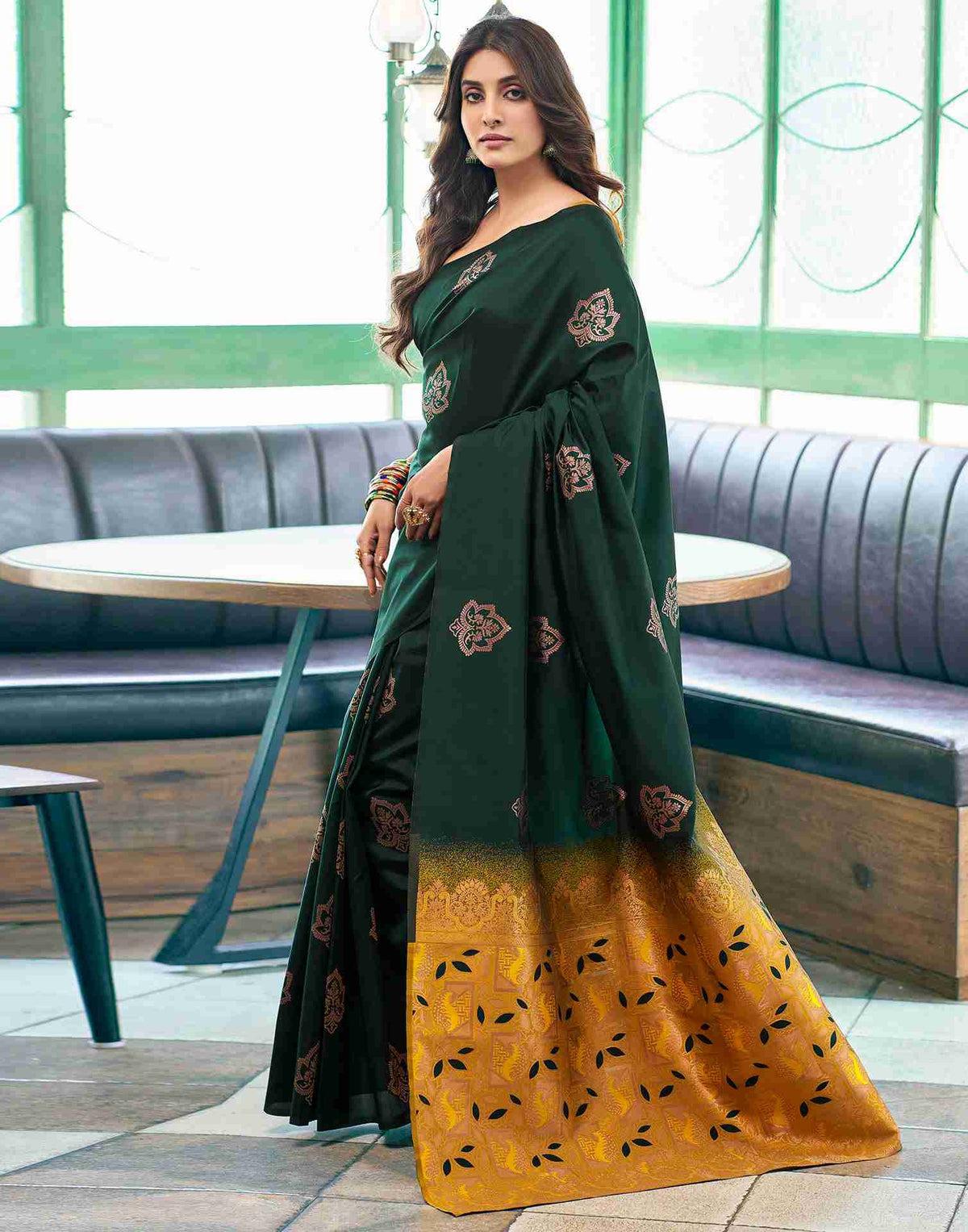 Bottle Green Banarasi Silk Zari Boota Body With Rich Zari Pallu Borderless Saree