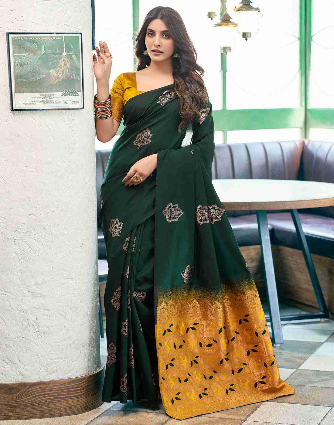 Bottle Green Banarasi Silk Zari Boota Body With Rich Zari Pallu Borderless Saree