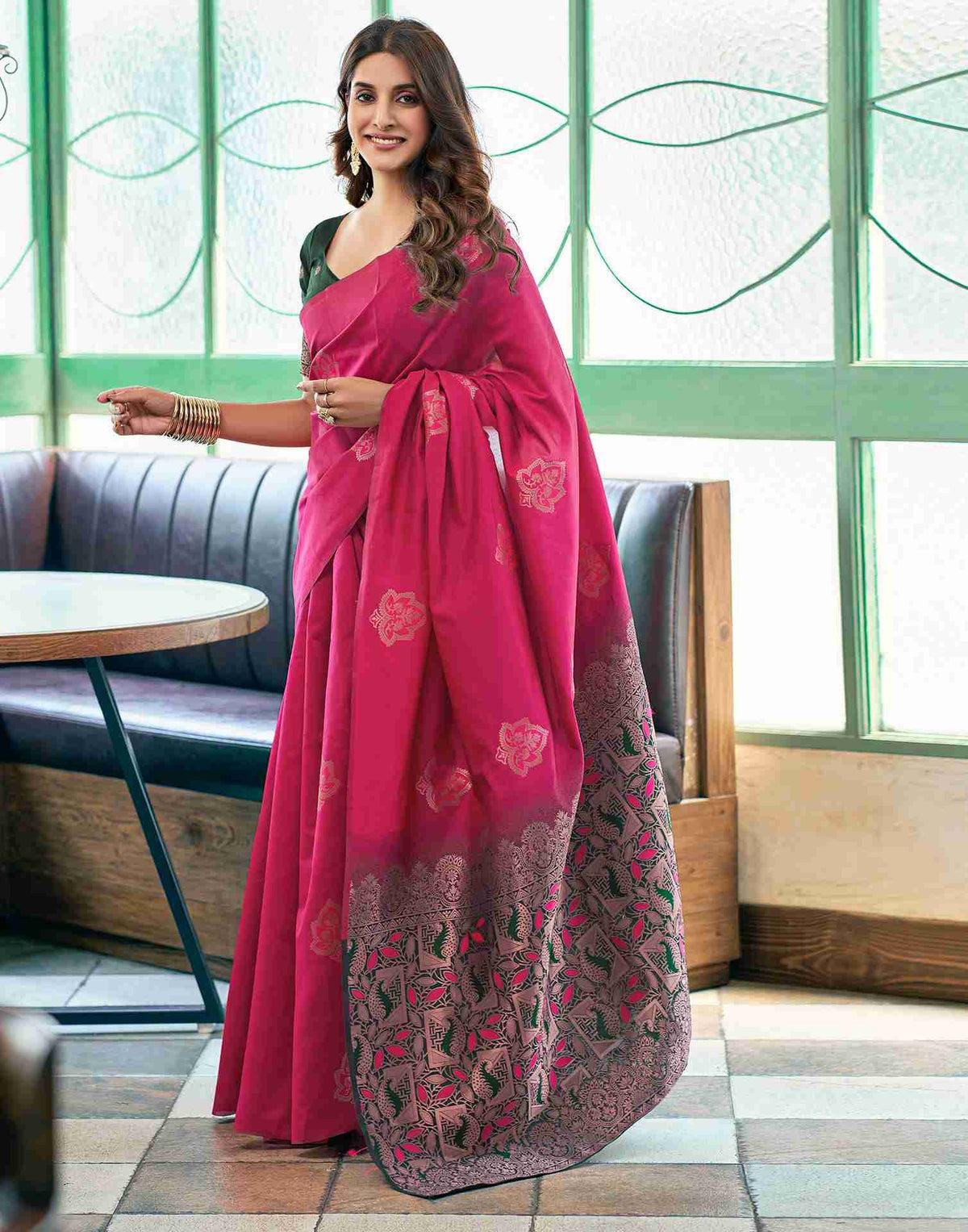 Magenta Banarasi Silk Zari Boota Body With Rich Zari Pallu Borderless Saree