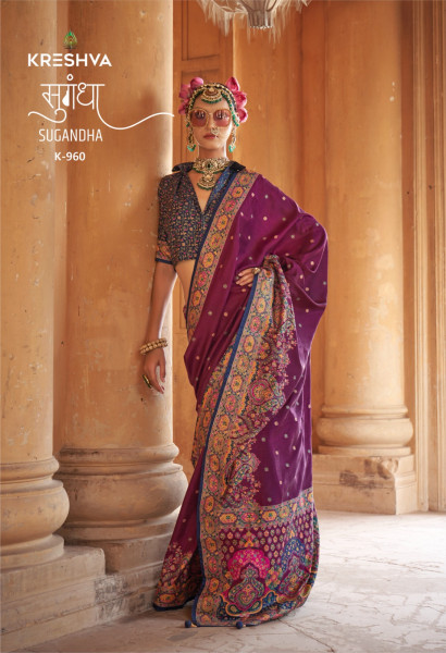 Image of Dark Purple P V Silk High Gloss Luxury Printed Saree