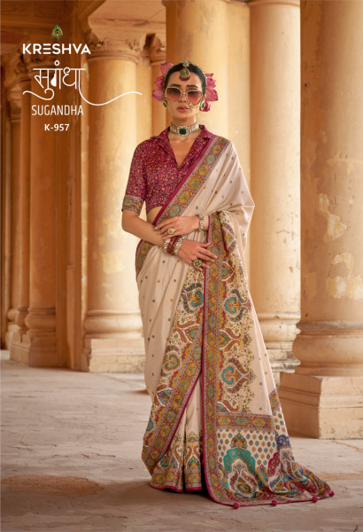 Image of Beige P V Silk High Gloss Luxury Printed Saree