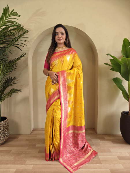 Image of Yellow Kanchipuram Silk Dual Zari Weaved All Over Rich Pallu Temple Border Saree