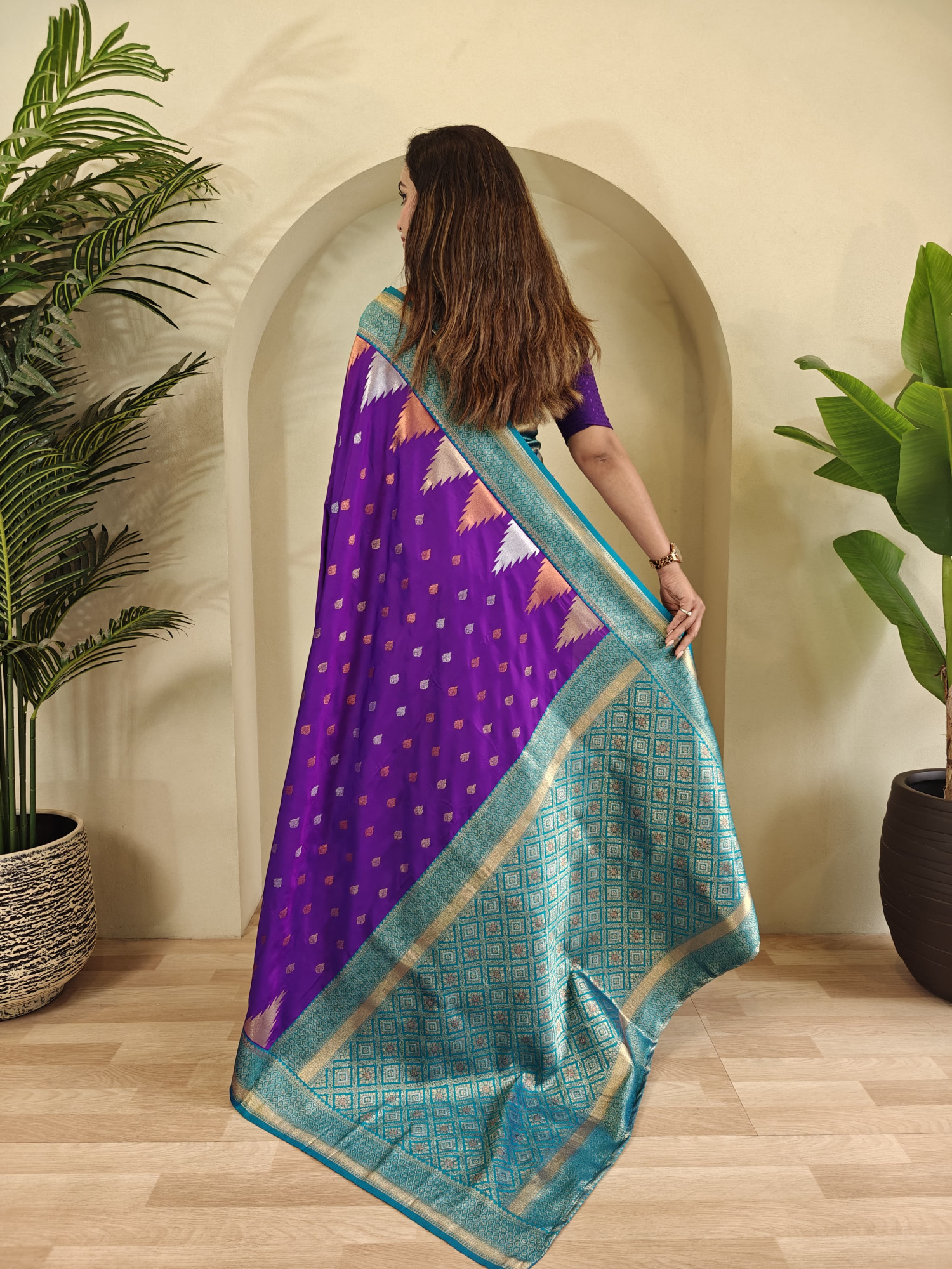 Purple Kanchipuram Silk Dual Zari Weaved All Over Rich Pallu Temple Border Saree