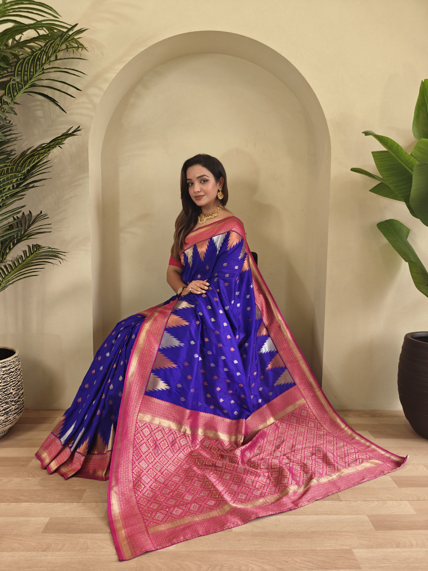 Royal Blue Kanchipuram Silk Dual Zari Weaved All Over Rich Pallu Temple Border Saree