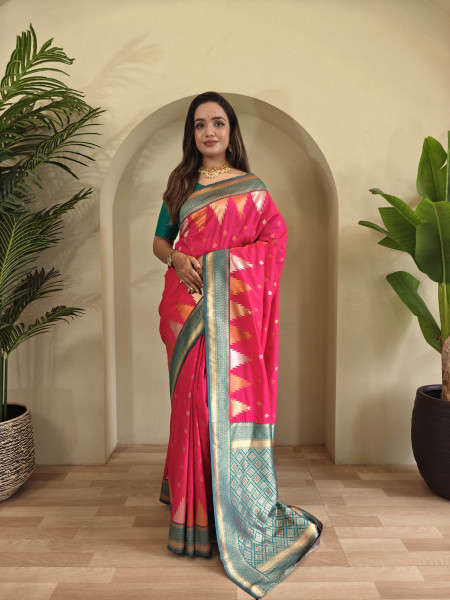 Image of Raani Kanchipuram Silk Dual Zari Weaved All Over Rich Pallu Temple Border Saree