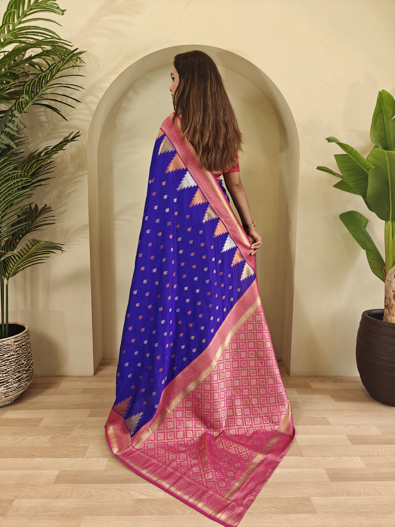 Royal Blue Kanchipuram Silk Dual Zari Weaved All Over Rich Pallu Temple Border Saree