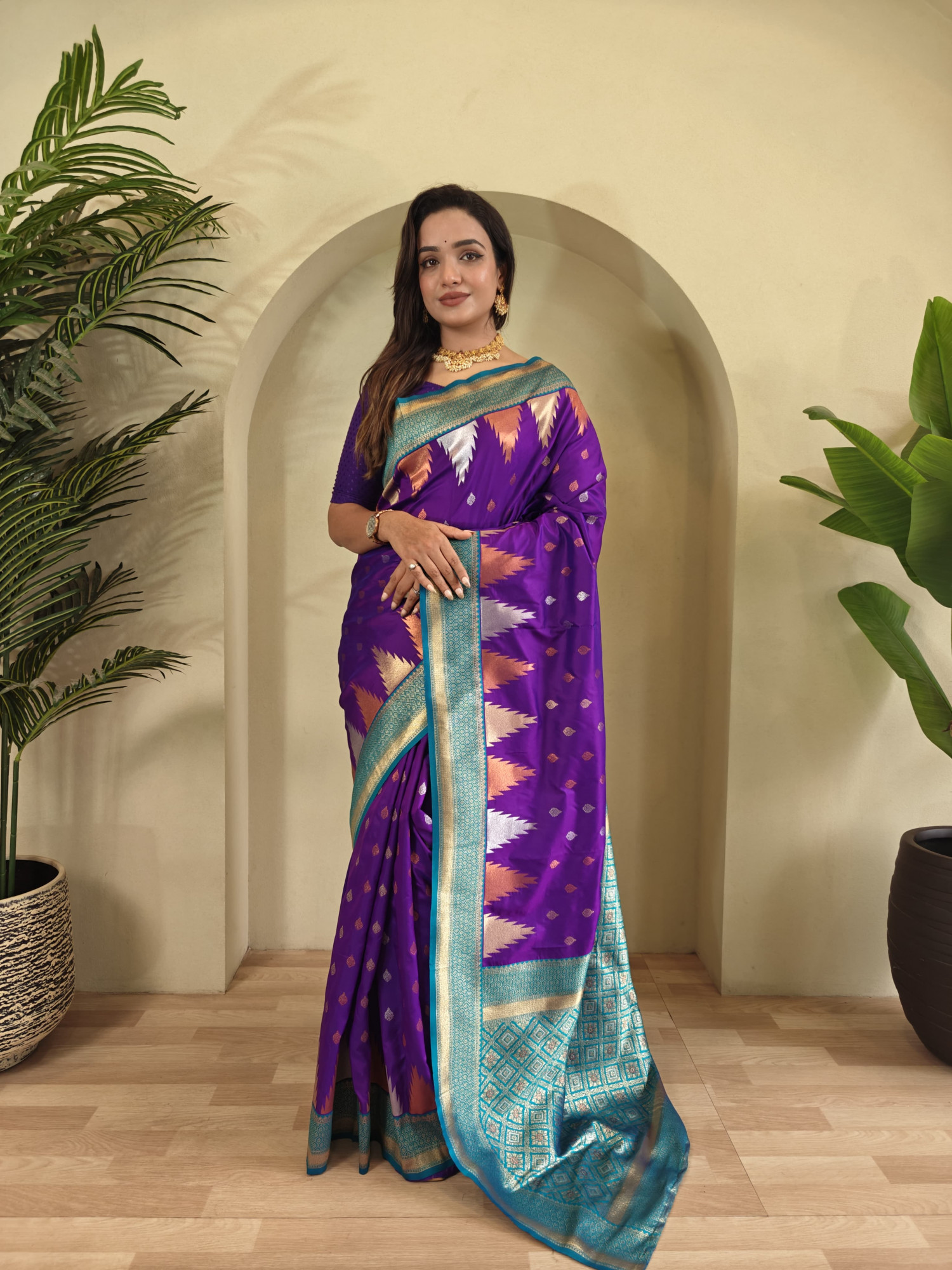 Purple Kanchipuram Silk Dual Zari Weaved All Over Rich Pallu Temple Border Saree