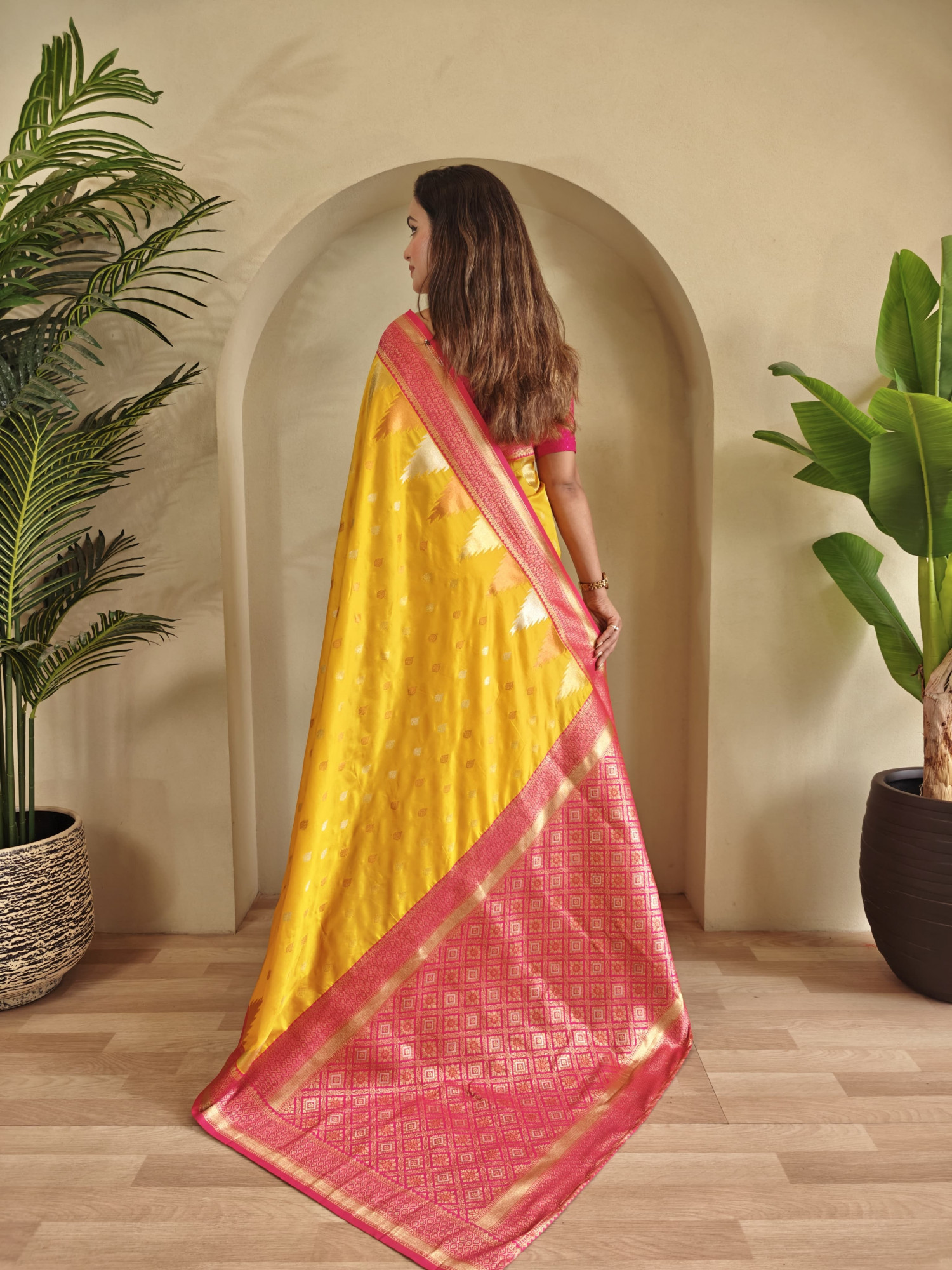 Yellow Kanchipuram Silk Dual Zari Weaved All Over Rich Pallu Temple Border Saree