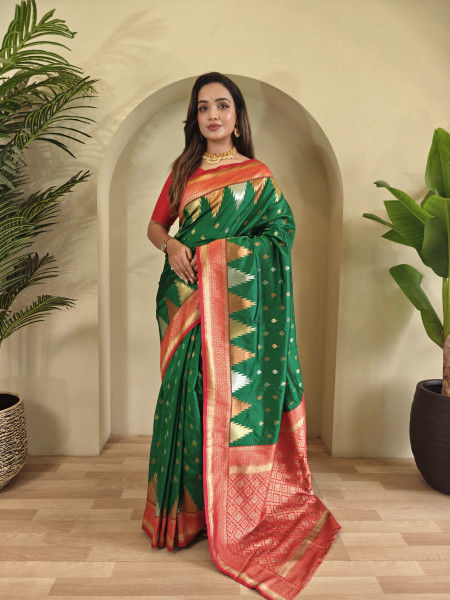 Image of Bottle Green Kanchipuram Silk Dual Zari Weaved All Over Rich Pallu Temple Border Saree