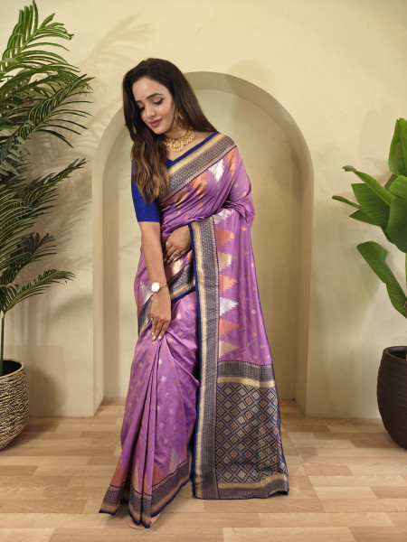 Image of Lavender Kanchipuram Silk Dual Zari Weaved All Over Rich Pallu Temple Border Saree
