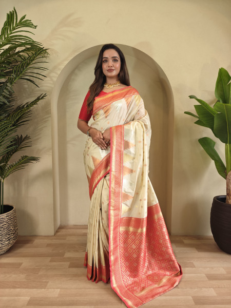 Image of Off-White Kanchipuram Silk Dual Zari Weaved All Over Rich Pallu Temple Border Saree