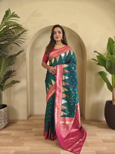 Image of Jade Green Kanchipuram Silk Dual Zari Weaved All Over Rich Pallu Temple Border Saree