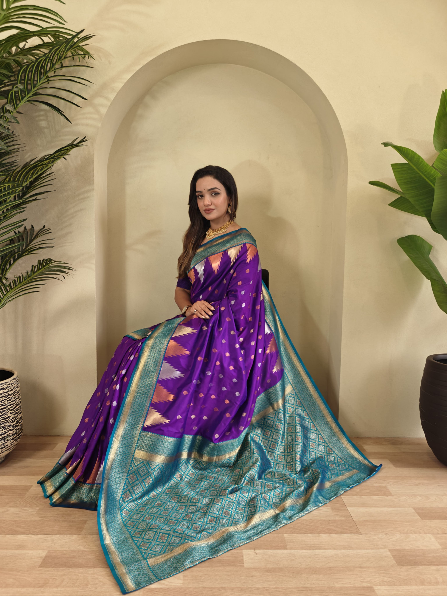 Purple Kanchipuram Silk Dual Zari Weaved All Over Rich Pallu Temple Border Saree