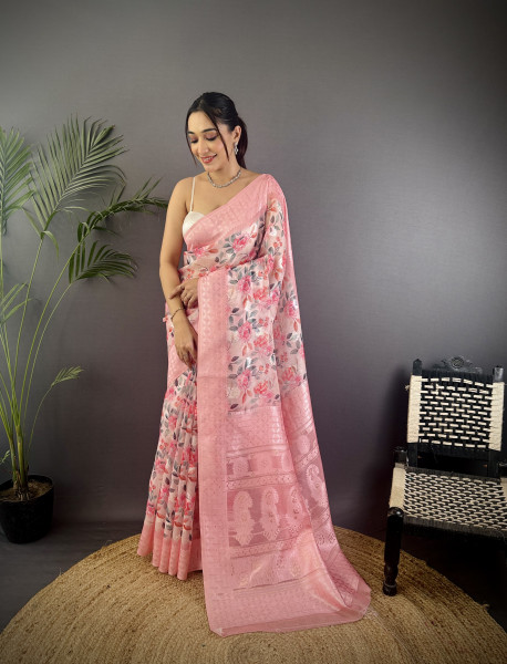Image of Pink Pure Mulberry Silk Jacquard Weaved Digital Print Rich Pallu Border Saree