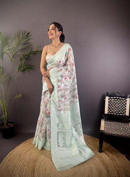 Image of Light Sky Blue Pure Mulberry Silk Jacquard Weaved Digital Print Saree