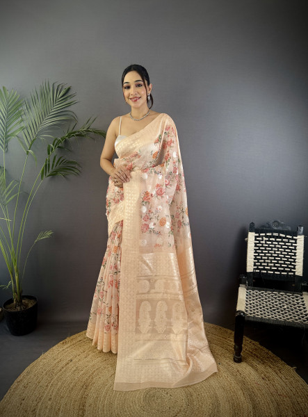 Image of Light Cream Pure Mulberry Silk Jacquard Weaved Digital Print Rich Pallu Border Saree