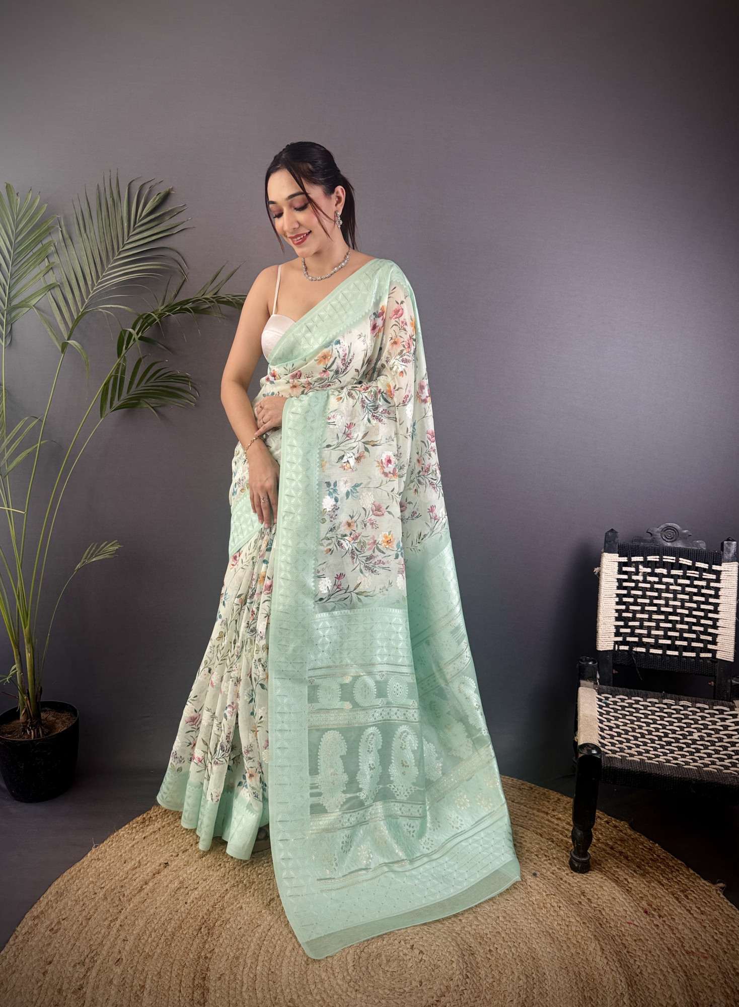 Light C-Green Pure Mulberry Silk Jacquard Weaved Digital Print Rich Pallu Border Saree