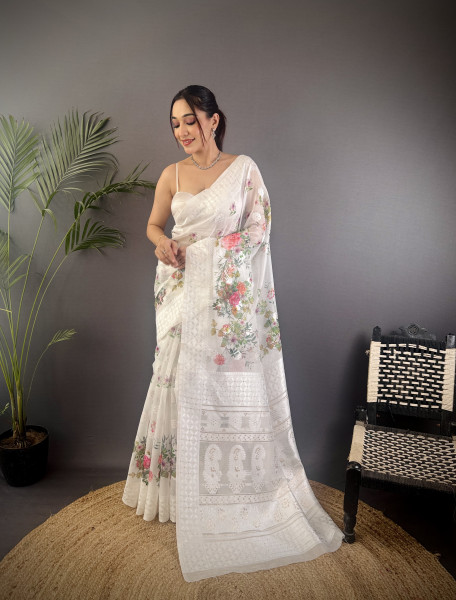 Image of White Pure Mulberry Silk Jacquard Weaved Digital Print Rich Pallu Border Saree