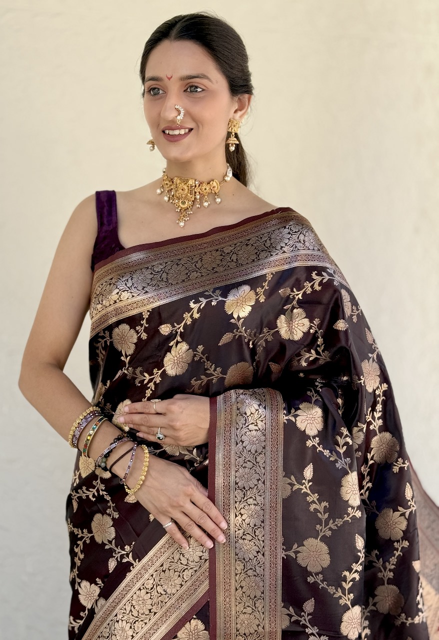Dark Brown Pure Banarasi Satin Silk Rich Floral Zari Weaved Saree