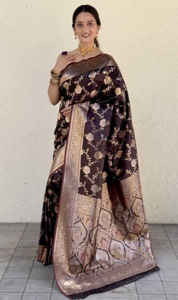 Image of Dark Brown Pure Banarasi Satin Silk Rich Floral Zari Weaved Saree