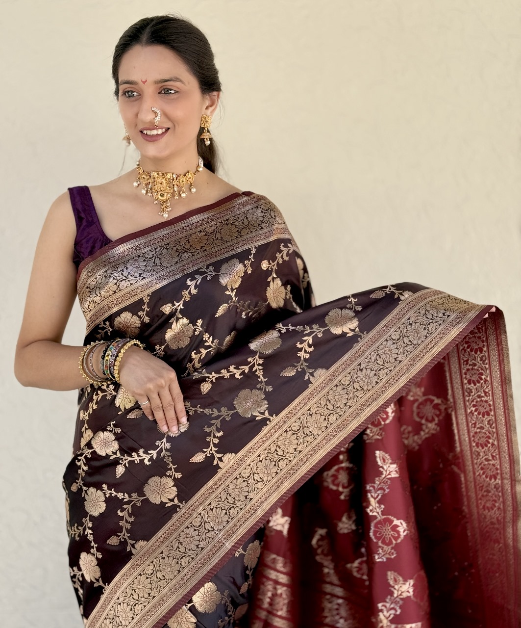 Dark Brown Pure Banarasi Satin Silk Rich Floral Zari Weaved Saree