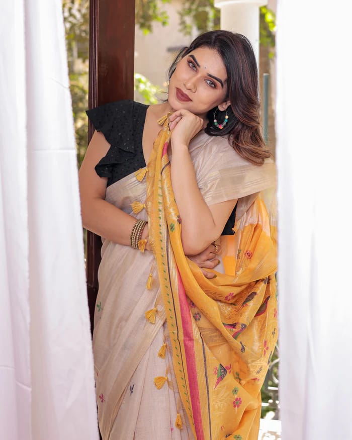 Beige Gold Premium Soft Muga Cotton Resham Zari Weaved All Over Saree