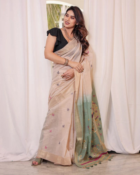 Image of Beige Olive Green Premium Soft Muga Cotton Resham Zari Weaved All Over Saree